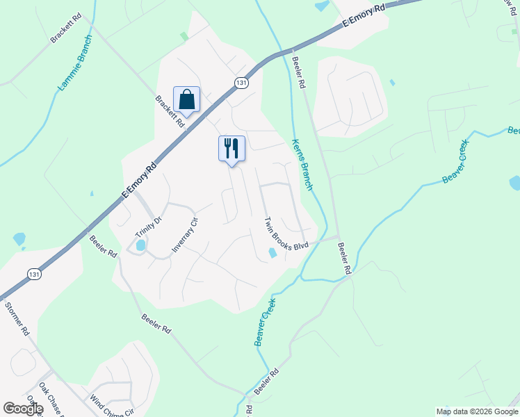map of restaurants, bars, coffee shops, grocery stores, and more near 7459 Twin Brooks Boulevard in Knoxville