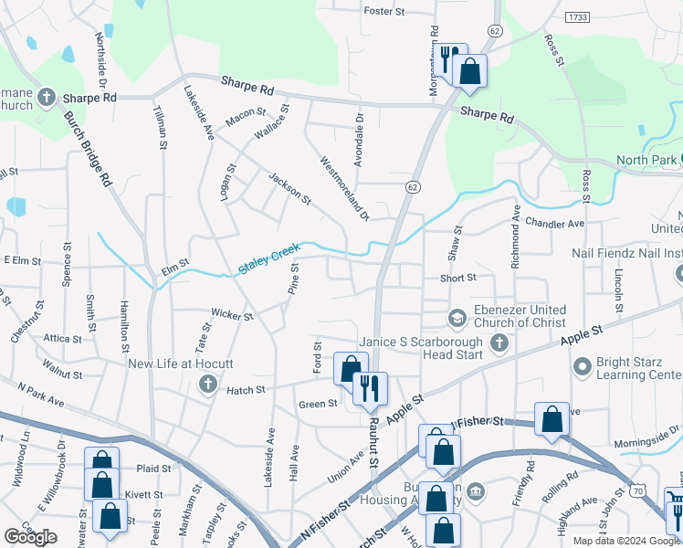 map of restaurants, bars, coffee shops, grocery stores, and more near 412 Hood Street in Burlington