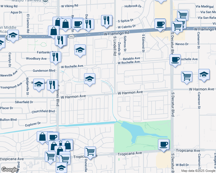 map of restaurants, bars, coffee shops, grocery stores, and more near 5540 West Harmon Avenue in Las Vegas