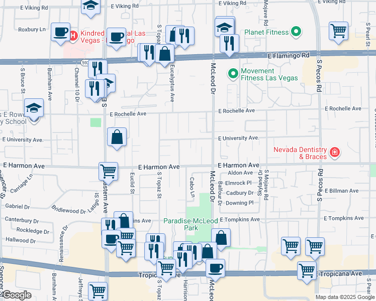 map of restaurants, bars, coffee shops, grocery stores, and more near 4441 Campus Circle in Las Vegas