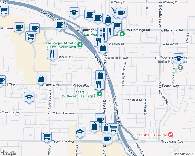 map of restaurants, bars, coffee shops, grocery stores, and more near 9470 Peace Way in Las Vegas