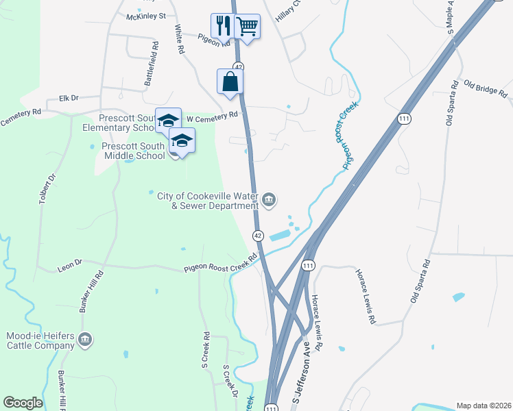 map of restaurants, bars, coffee shops, grocery stores, and more near 2227 South Jefferson Avenue in Cookeville