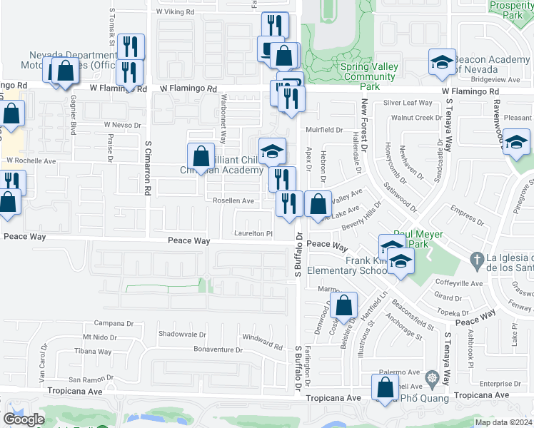 map of restaurants, bars, coffee shops, grocery stores, and more near 7881 Bridgefield Lane in Las Vegas