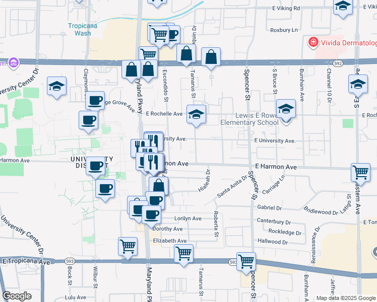 map of restaurants, bars, coffee shops, grocery stores, and more near 1450 East Harmon Avenue in Las Vegas