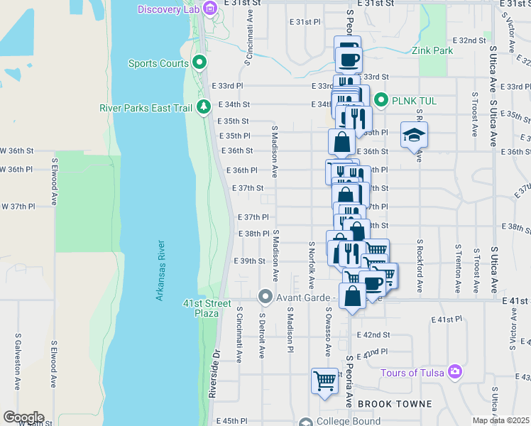map of restaurants, bars, coffee shops, grocery stores, and more near 945 East 37th Place in Tulsa