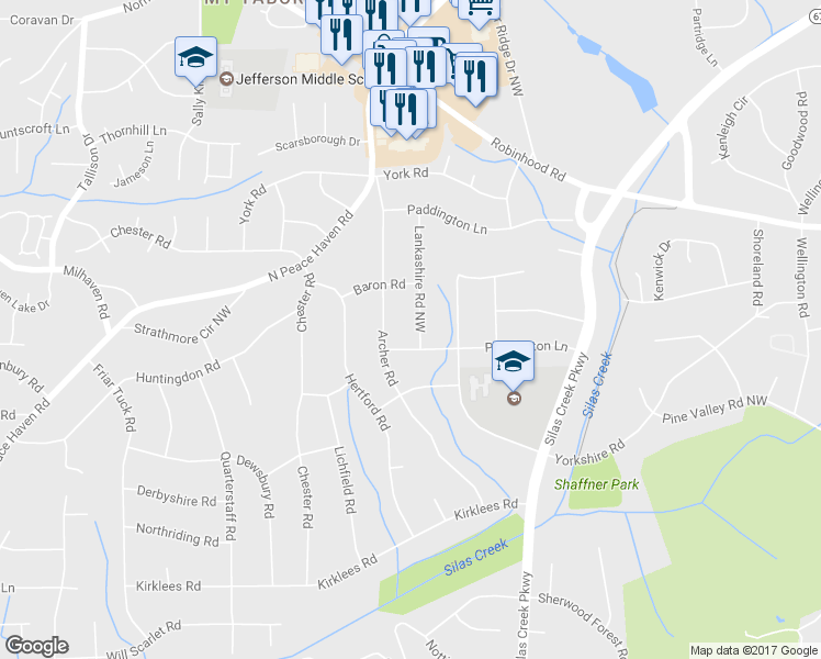 map of restaurants, bars, coffee shops, grocery stores, and more near 608 Lankashire Road Northwest in Winston-Salem