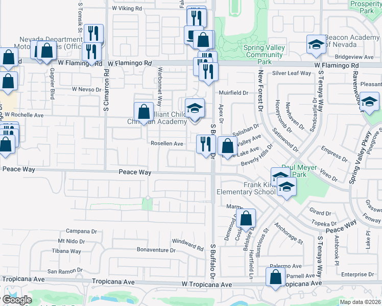 map of restaurants, bars, coffee shops, grocery stores, and more near 7881 Bridgefield Lane in Las Vegas