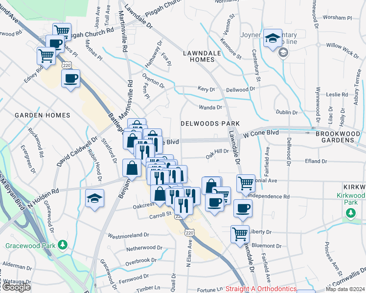 map of restaurants, bars, coffee shops, grocery stores, and more near 2227 West Cone Boulevard in Greensboro
