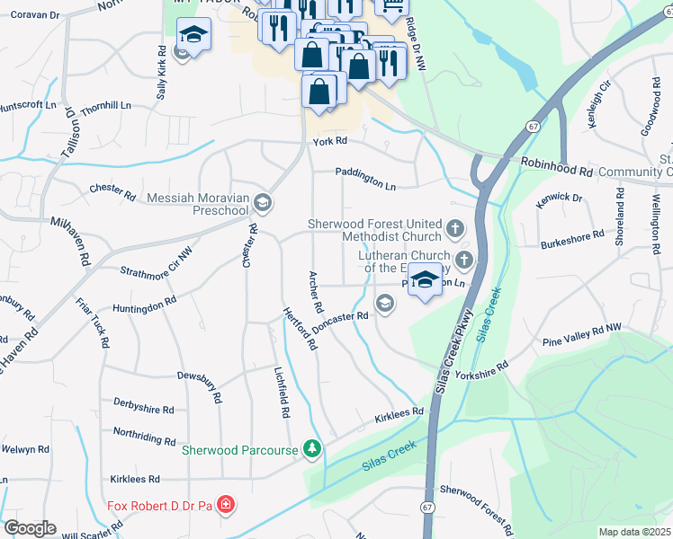 map of restaurants, bars, coffee shops, grocery stores, and more near 608 Lankashire Road Northwest in Winston-Salem