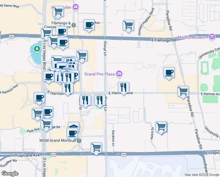 map of restaurants, bars, coffee shops, grocery stores, and more near 200 East Harmon Avenue in Las Vegas