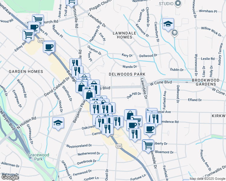 map of restaurants, bars, coffee shops, grocery stores, and more near 2227 West Cone Boulevard in Greensboro