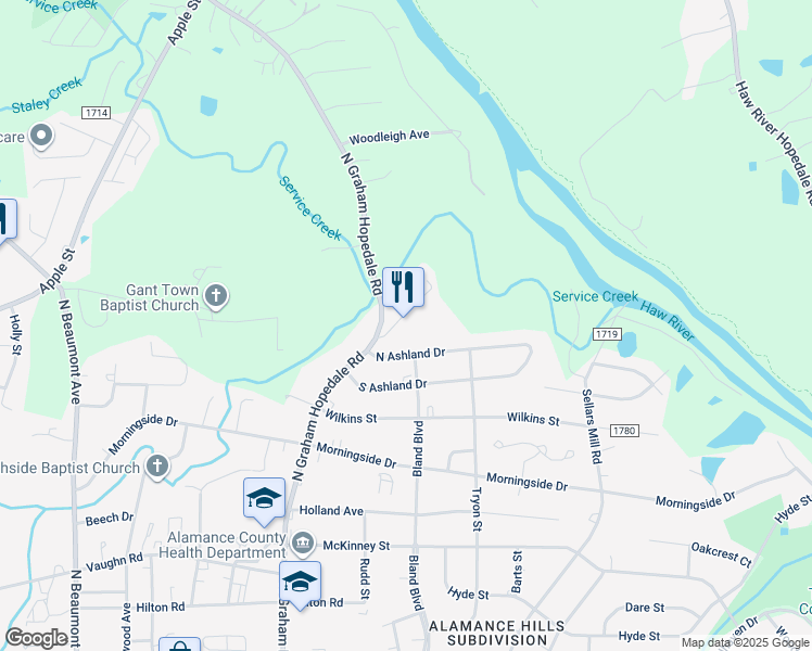 map of restaurants, bars, coffee shops, grocery stores, and more near 825 Tom Barnwell Trail in Burlington