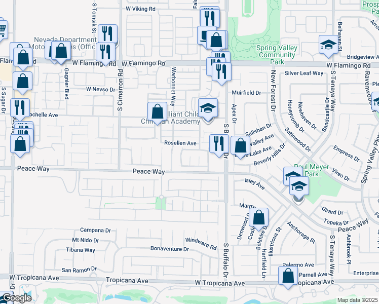 map of restaurants, bars, coffee shops, grocery stores, and more near 7937 Bridgefield Lane in Las Vegas