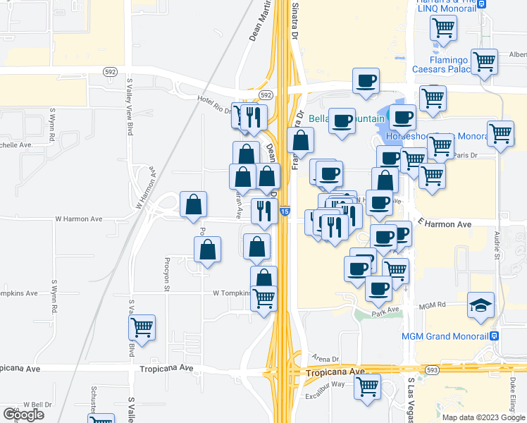 map of restaurants, bars, coffee shops, grocery stores, and more near 3801 Dean Martin Drive in Las Vegas