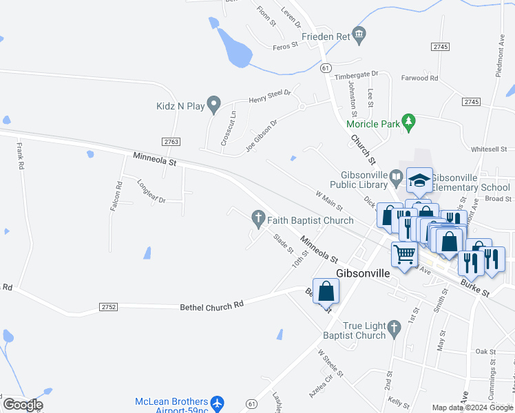 map of restaurants, bars, coffee shops, grocery stores, and more near 609 West Minneola Street in Gibsonville