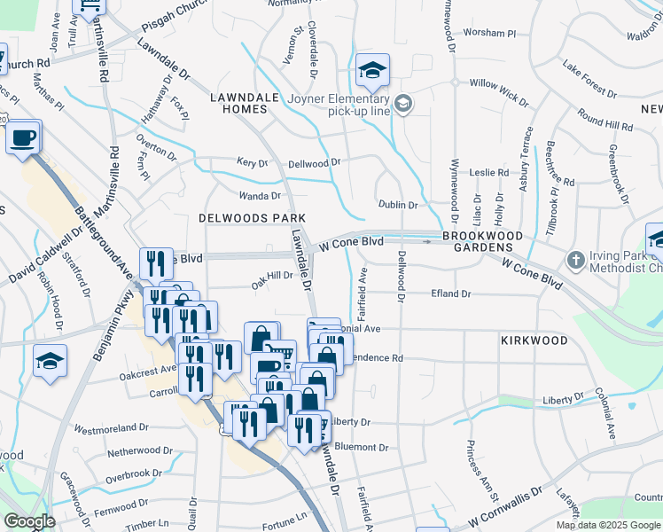 map of restaurants, bars, coffee shops, grocery stores, and more near 3004 Lawndale Drive in Greensboro