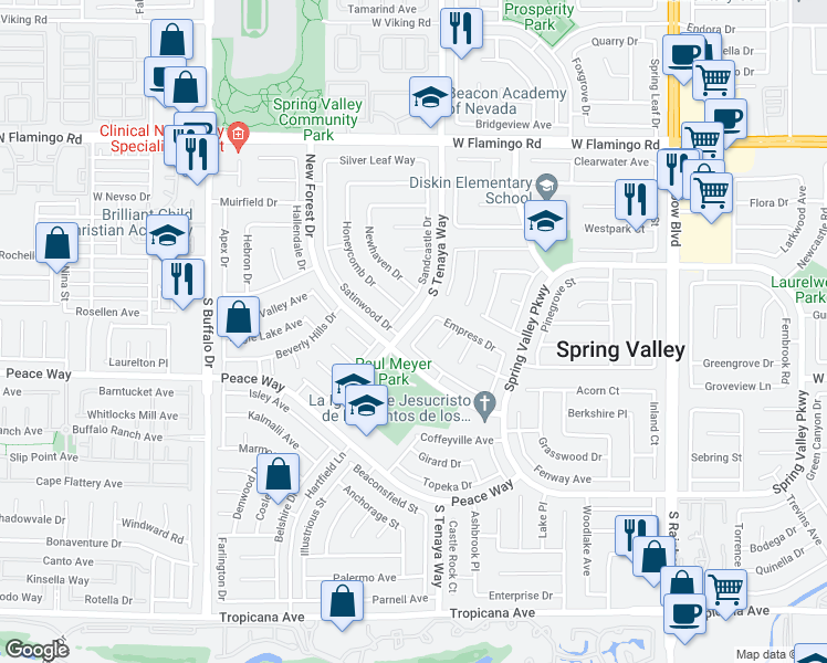 map of restaurants, bars, coffee shops, grocery stores, and more near 4435 Hawthorne Way in Las Vegas