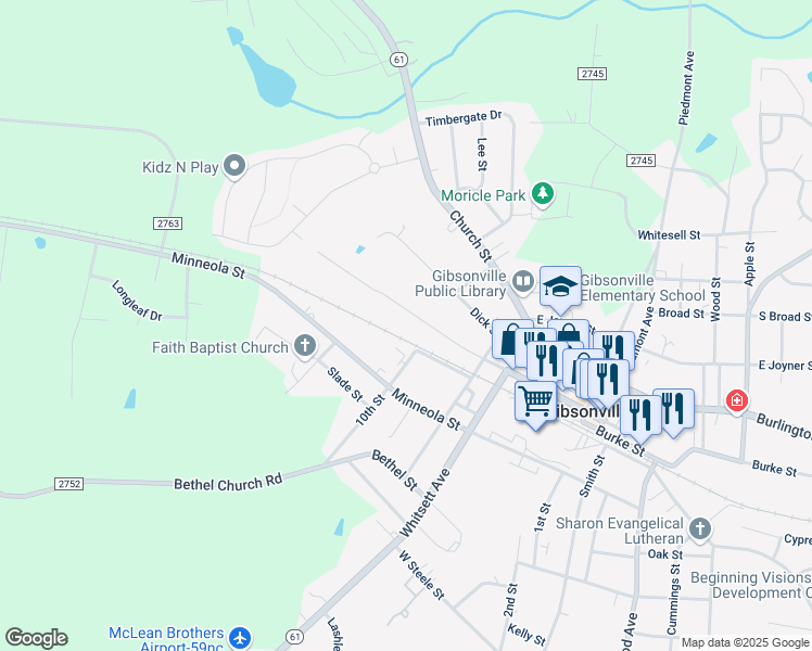 map of restaurants, bars, coffee shops, grocery stores, and more near 300 10th Street in Gibsonville