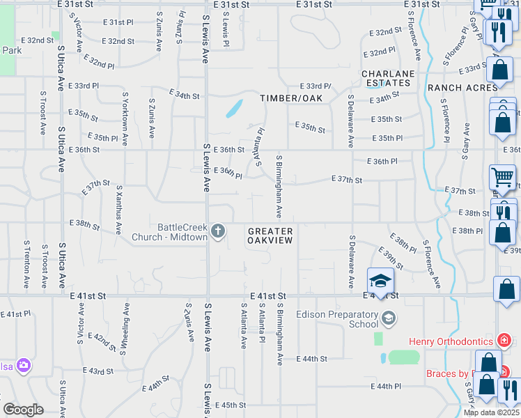 map of restaurants, bars, coffee shops, grocery stores, and more near 3739 South Atlanta Place in Tulsa