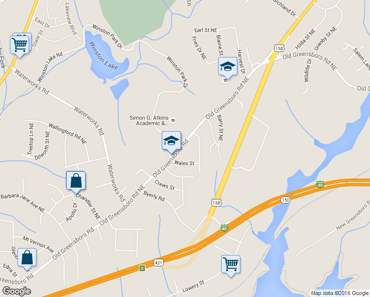 map of restaurants, bars, coffee shops, grocery stores, and more near 3634 Old Greensboro Road in Winston-Salem