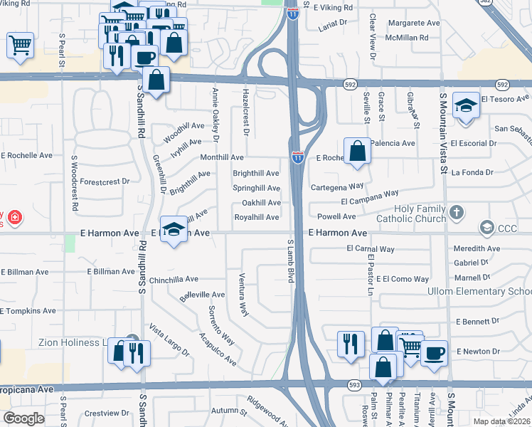 map of restaurants, bars, coffee shops, grocery stores, and more near 4130 Royalhill Avenue in Las Vegas