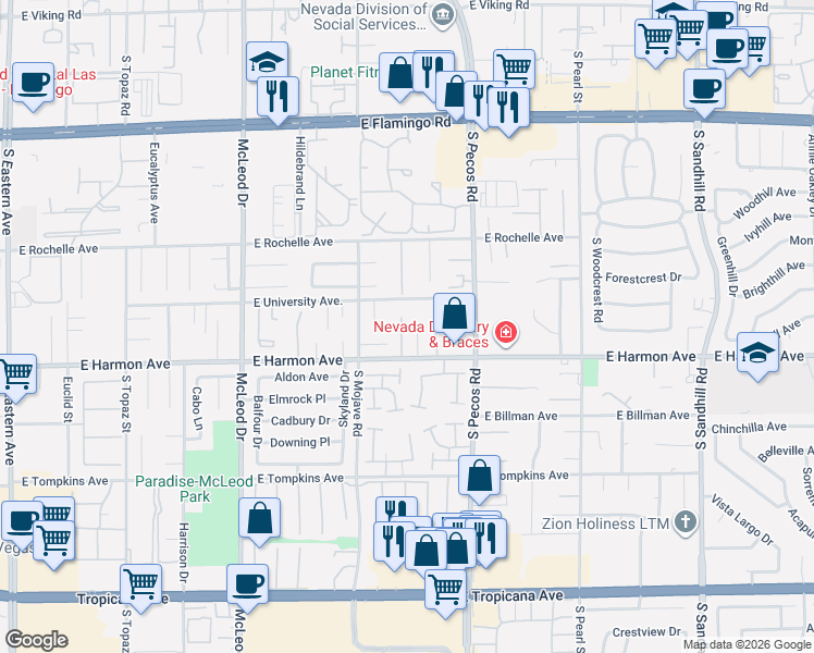 map of restaurants, bars, coffee shops, grocery stores, and more near 4465 Newell Drive in Las Vegas