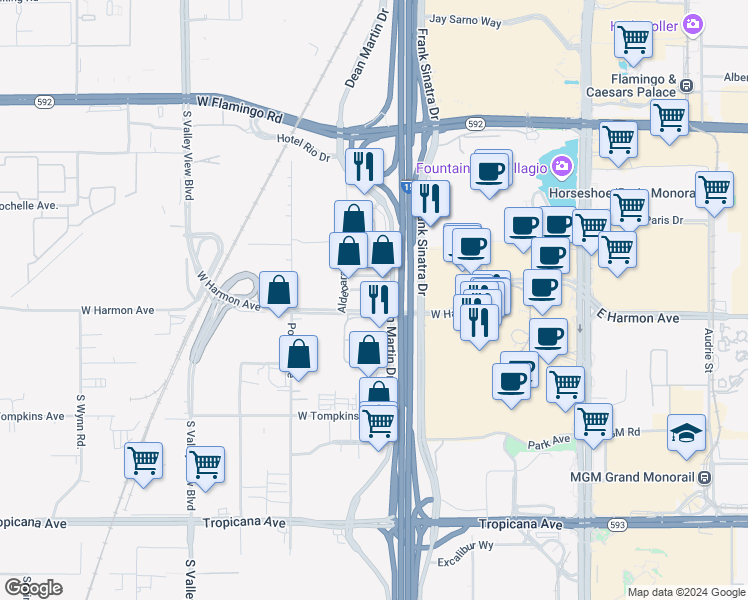 map of restaurants, bars, coffee shops, grocery stores, and more near 3801 Dean Martin Drive in Las Vegas