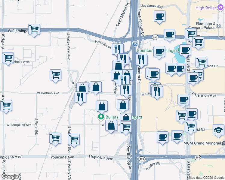 map of restaurants, bars, coffee shops, grocery stores, and more near 4535 Dean Martin Drive in Las Vegas
