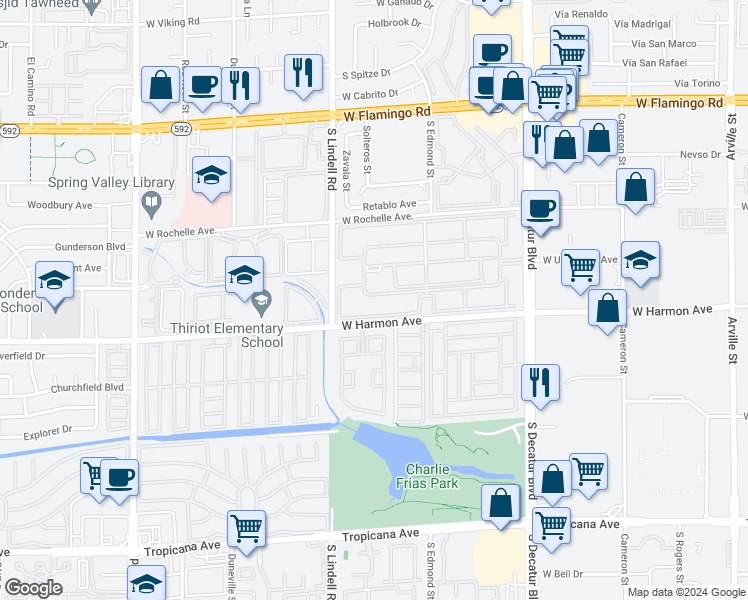 map of restaurants, bars, coffee shops, grocery stores, and more near 5499 Indian River Drive in Las Vegas