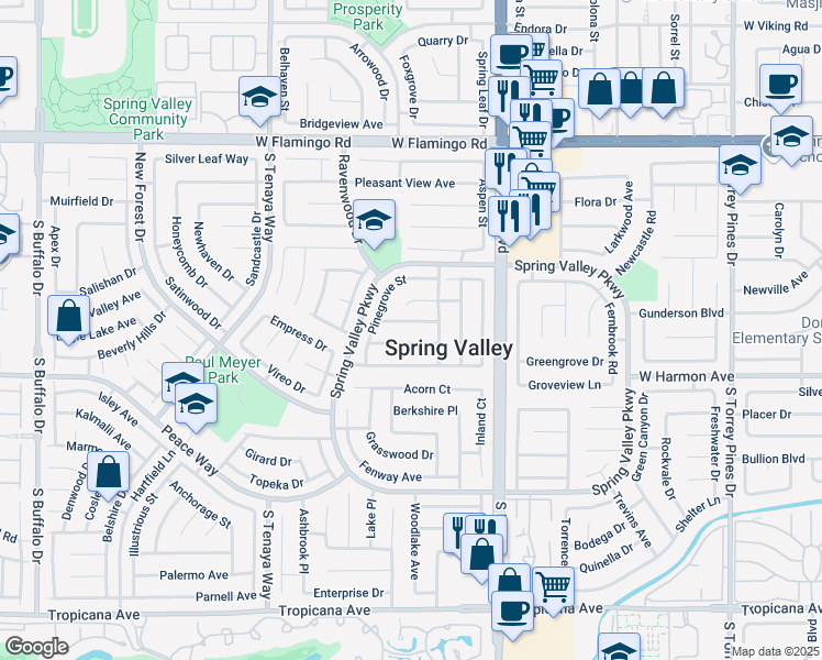 map of restaurants, bars, coffee shops, grocery stores, and more near 7073 Sprucewood Street in Las Vegas
