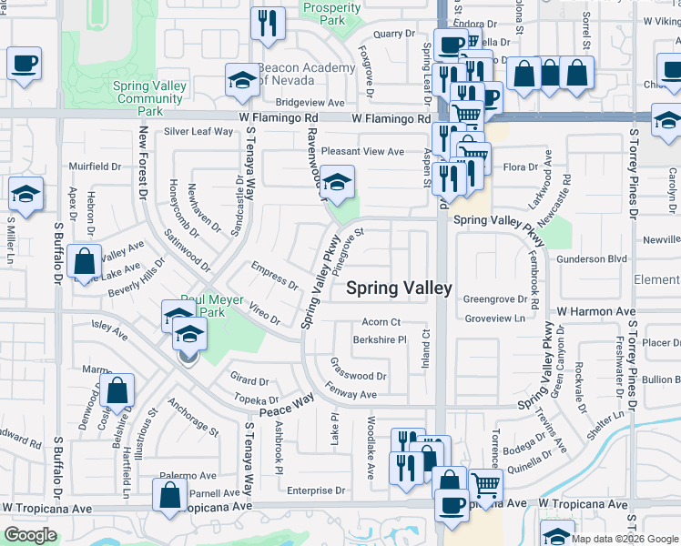 map of restaurants, bars, coffee shops, grocery stores, and more near 7151 Sprucewood Street in Las Vegas