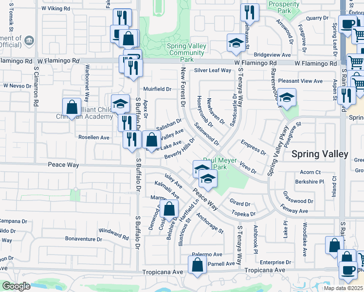 map of restaurants, bars, coffee shops, grocery stores, and more near 7605 Beverly Hills Drive in Las Vegas