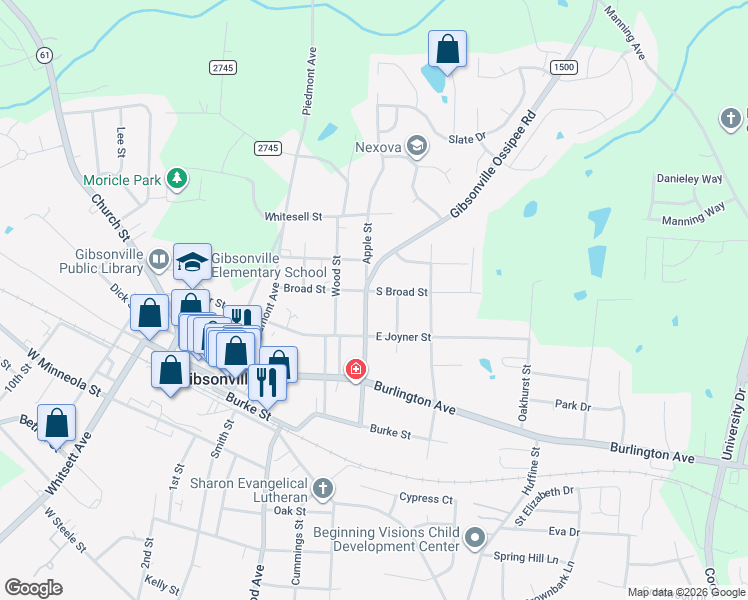 map of restaurants, bars, coffee shops, grocery stores, and more near 309 Owen Street in Gibsonville