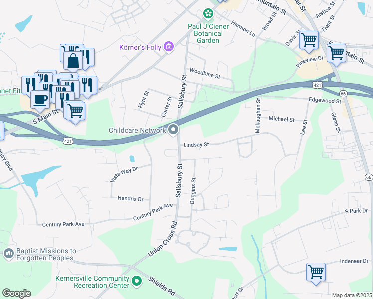 map of restaurants, bars, coffee shops, grocery stores, and more near 407 Dewey Street in Kernersville
