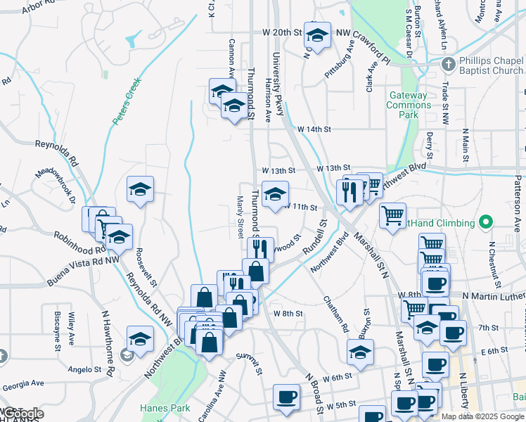 map of restaurants, bars, coffee shops, grocery stores, and more near 1101 Thurmond Street in Winston-Salem