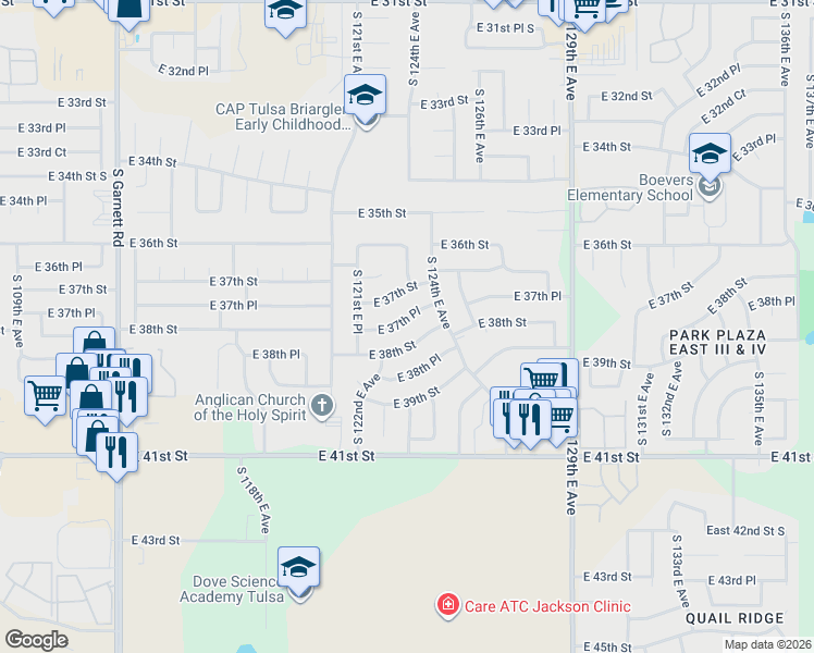 map of restaurants, bars, coffee shops, grocery stores, and more near 12237 East 38th Street in Tulsa