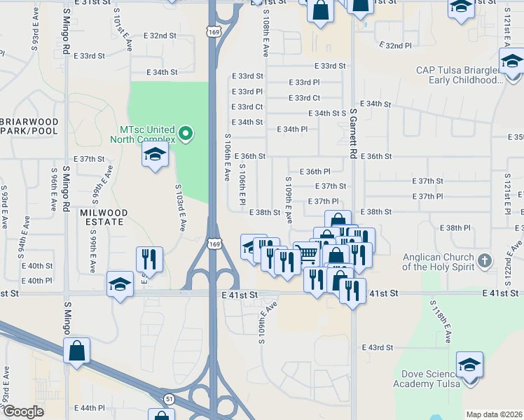 map of restaurants, bars, coffee shops, grocery stores, and more near 10802 East 38th Street in Tulsa
