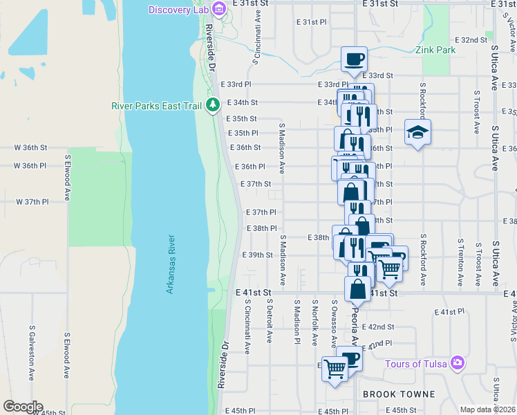 map of restaurants, bars, coffee shops, grocery stores, and more near 914 East 37th Place in Tulsa