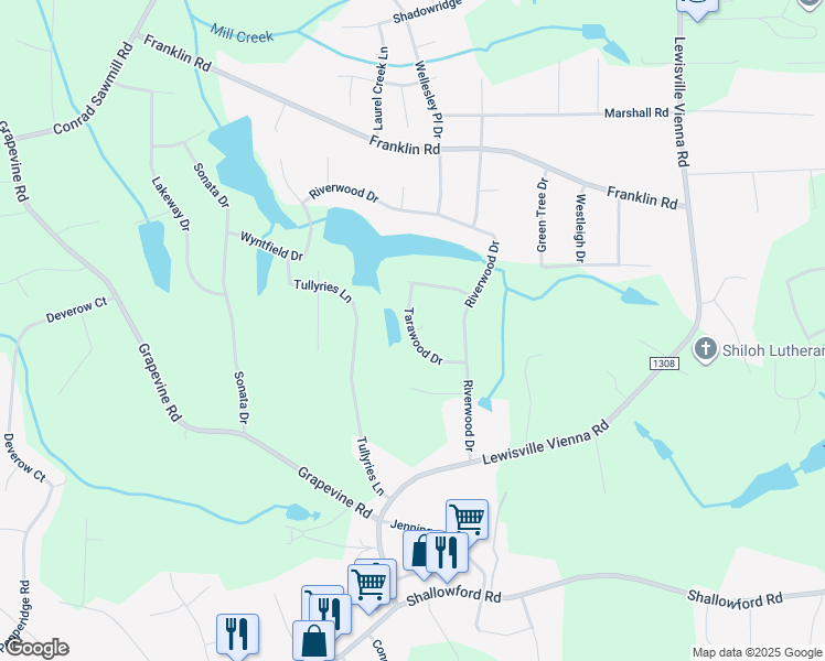 map of restaurants, bars, coffee shops, grocery stores, and more near Tarawood Drive in Lewisville
