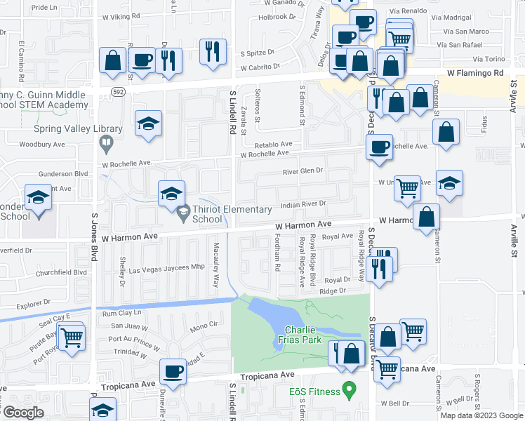 map of restaurants, bars, coffee shops, grocery stores, and more near 5361 Indian River Drive in Las Vegas