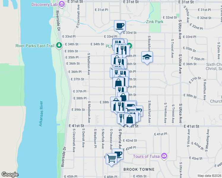 map of restaurants, bars, coffee shops, grocery stores, and more near 1111 East 38th Street in Tulsa