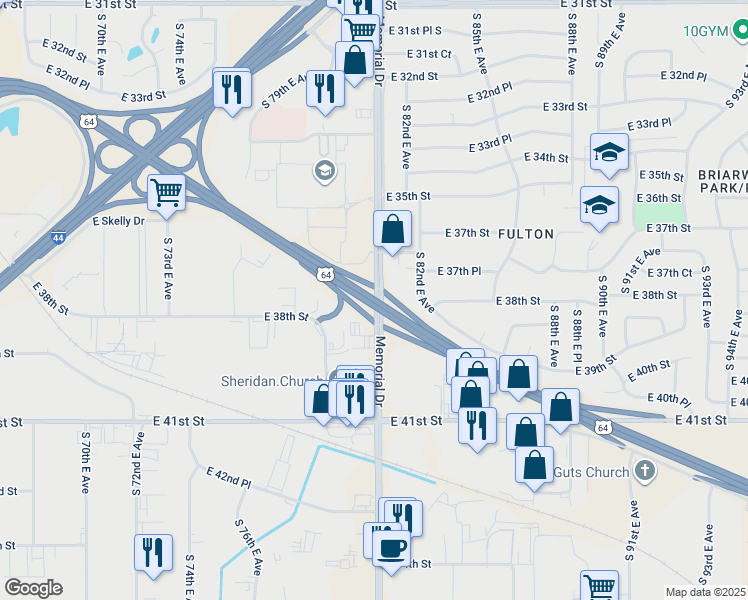 map of restaurants, bars, coffee shops, grocery stores, and more near Broken Arrow Expressway in Tulsa