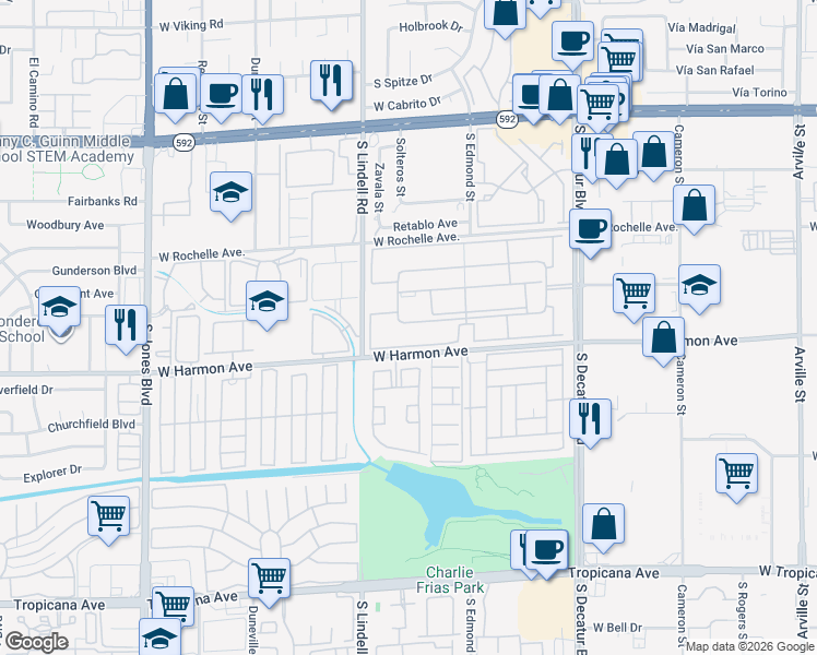 map of restaurants, bars, coffee shops, grocery stores, and more near 5499 Indian River Drive in Las Vegas