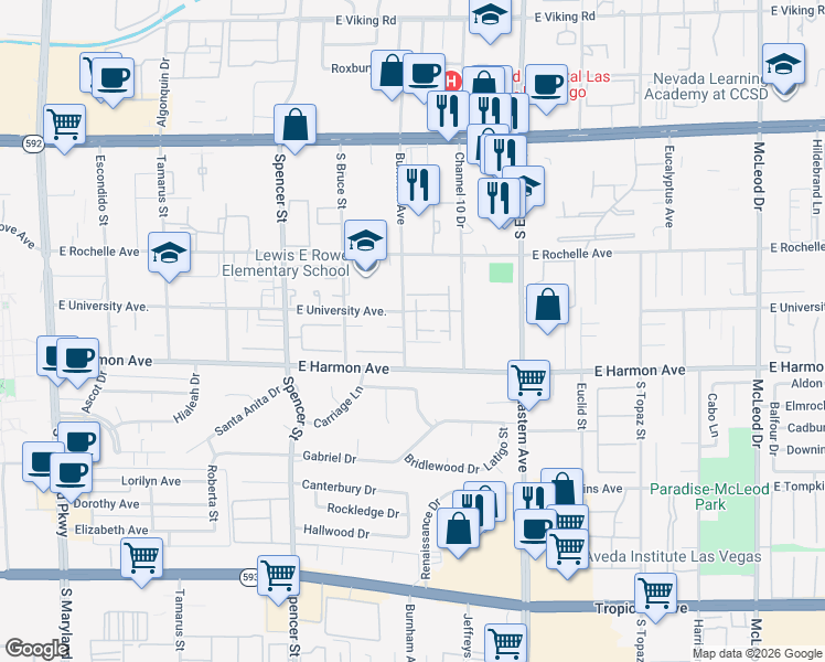 map of restaurants, bars, coffee shops, grocery stores, and more near 2092 Heritage Oaks Street in Las Vegas