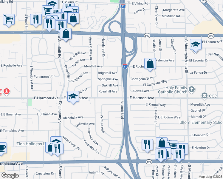 map of restaurants, bars, coffee shops, grocery stores, and more near 4130 Royalhill Avenue in Las Vegas