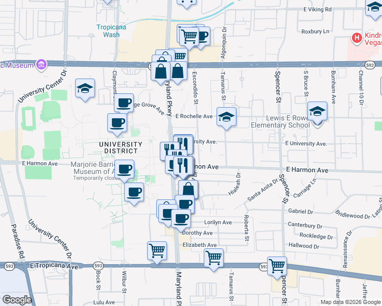 map of restaurants, bars, coffee shops, grocery stores, and more near 1105 Escondido Street in Las Vegas