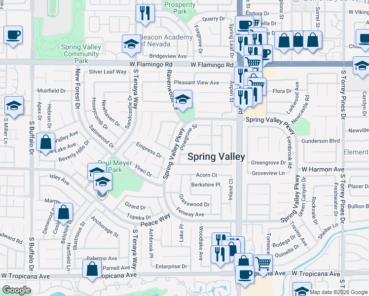 map of restaurants, bars, coffee shops, grocery stores, and more near 7151 Sprucewood Street in Las Vegas