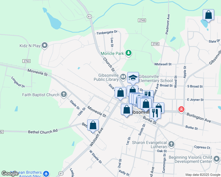 map of restaurants, bars, coffee shops, grocery stores, and more near 511 Dick Street in Gibsonville