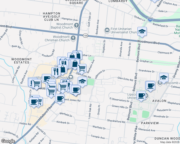 map of restaurants, bars, coffee shops, grocery stores, and more near 1901 Glen Echo Road in Nashville