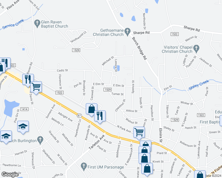 map of restaurants, bars, coffee shops, grocery stores, and more near 1407 Durham Street in Burlington